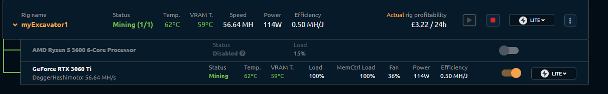 NiceHash Dashboard shows basic info on your mining rig