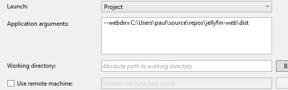 Adding and application argument to project properties