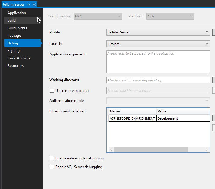 Screenshot of the Jellyfin Visual Studio Project Properties