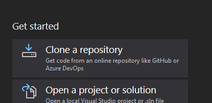 Screenshot of the Clone a Repository menu in Visual Studio
