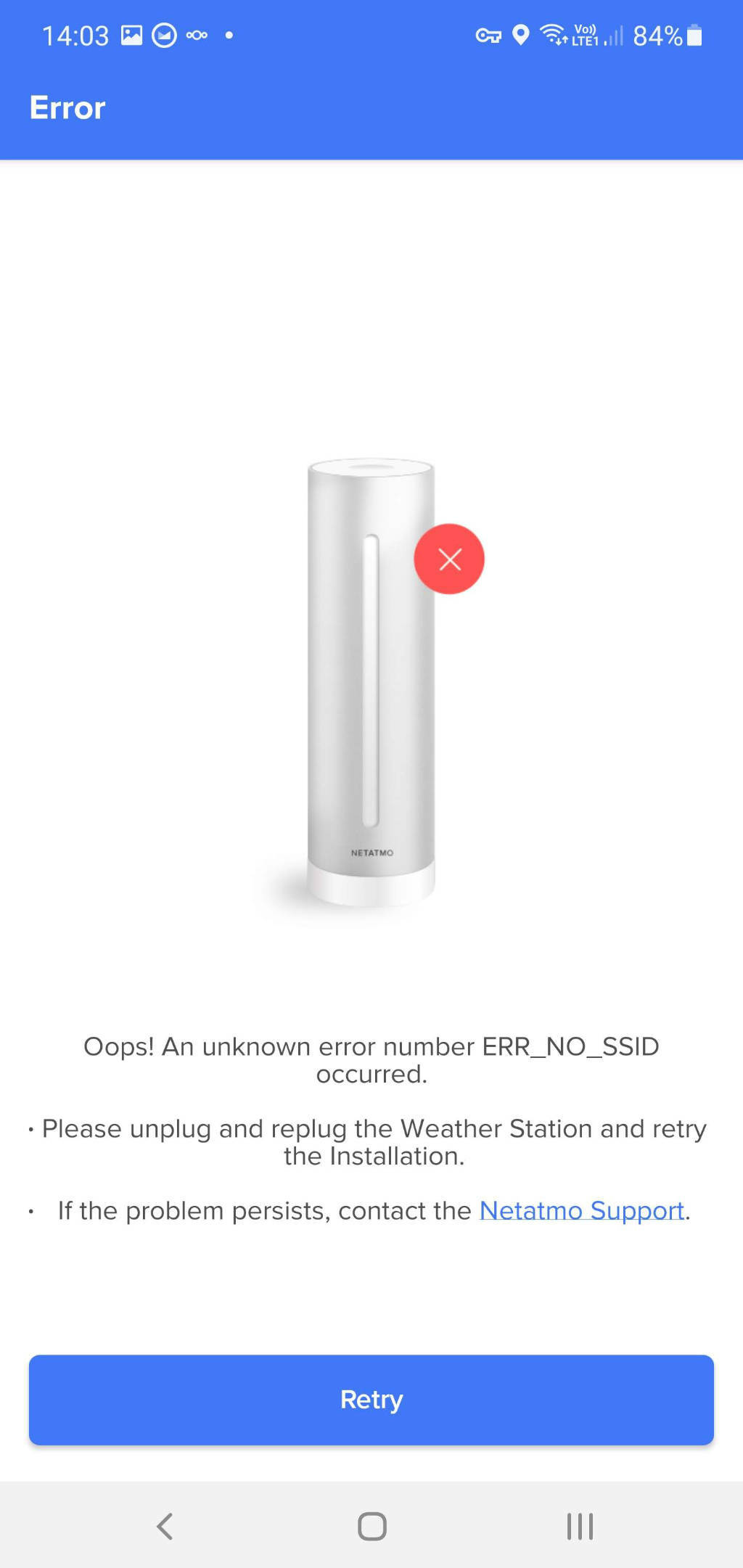 Screenshot of an error when installing Netatmo weather station