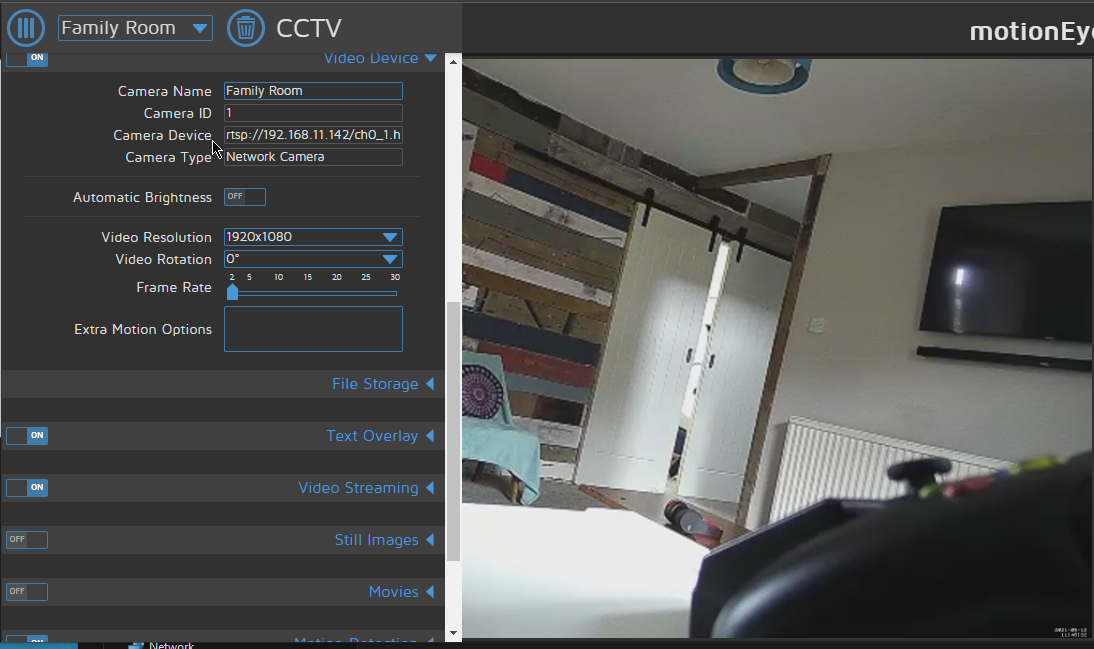Motioneye settings for camera