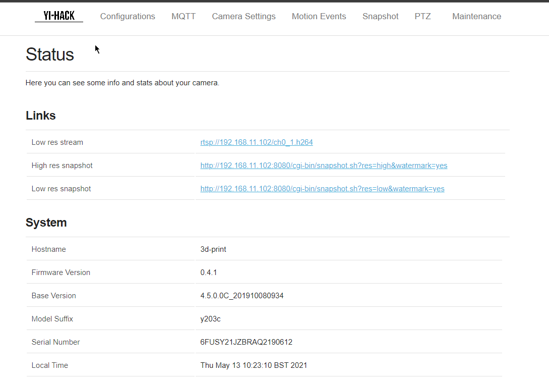 Home page of camera with new firmware